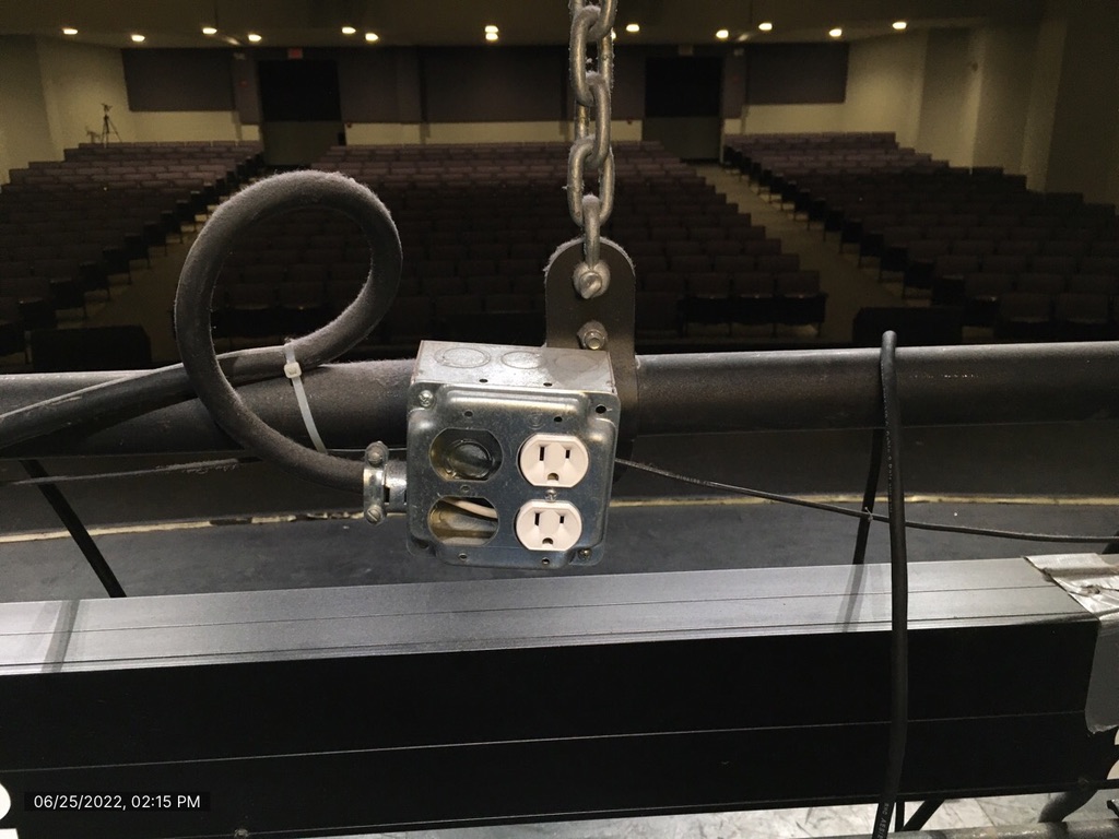 Theater Rigging Inspection - Electrical outlet attached to stage rigging equipment